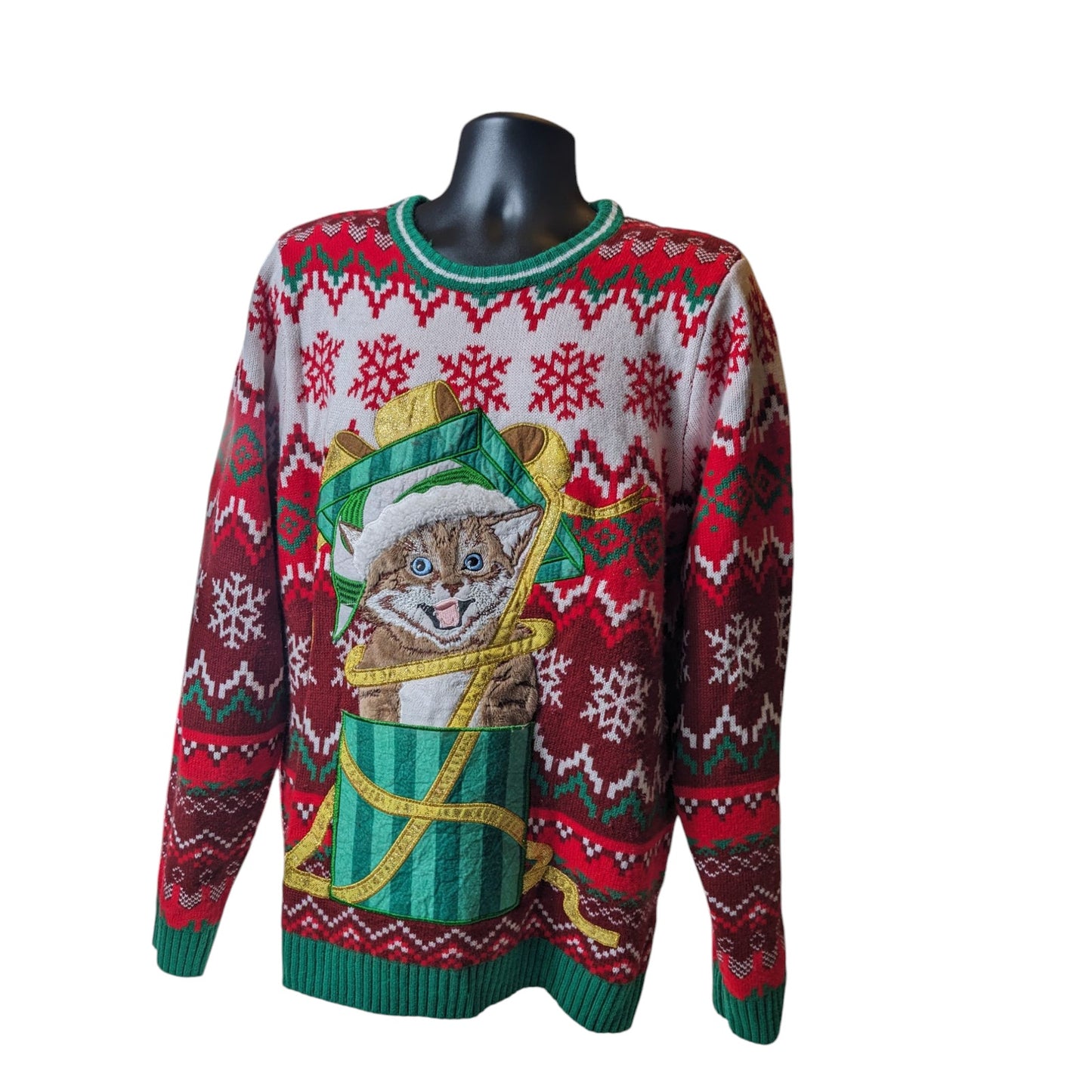 Holiday Time Ugly Christmas Sweater Mens Large Womens L-XL Kitten Cat Sweatshirt