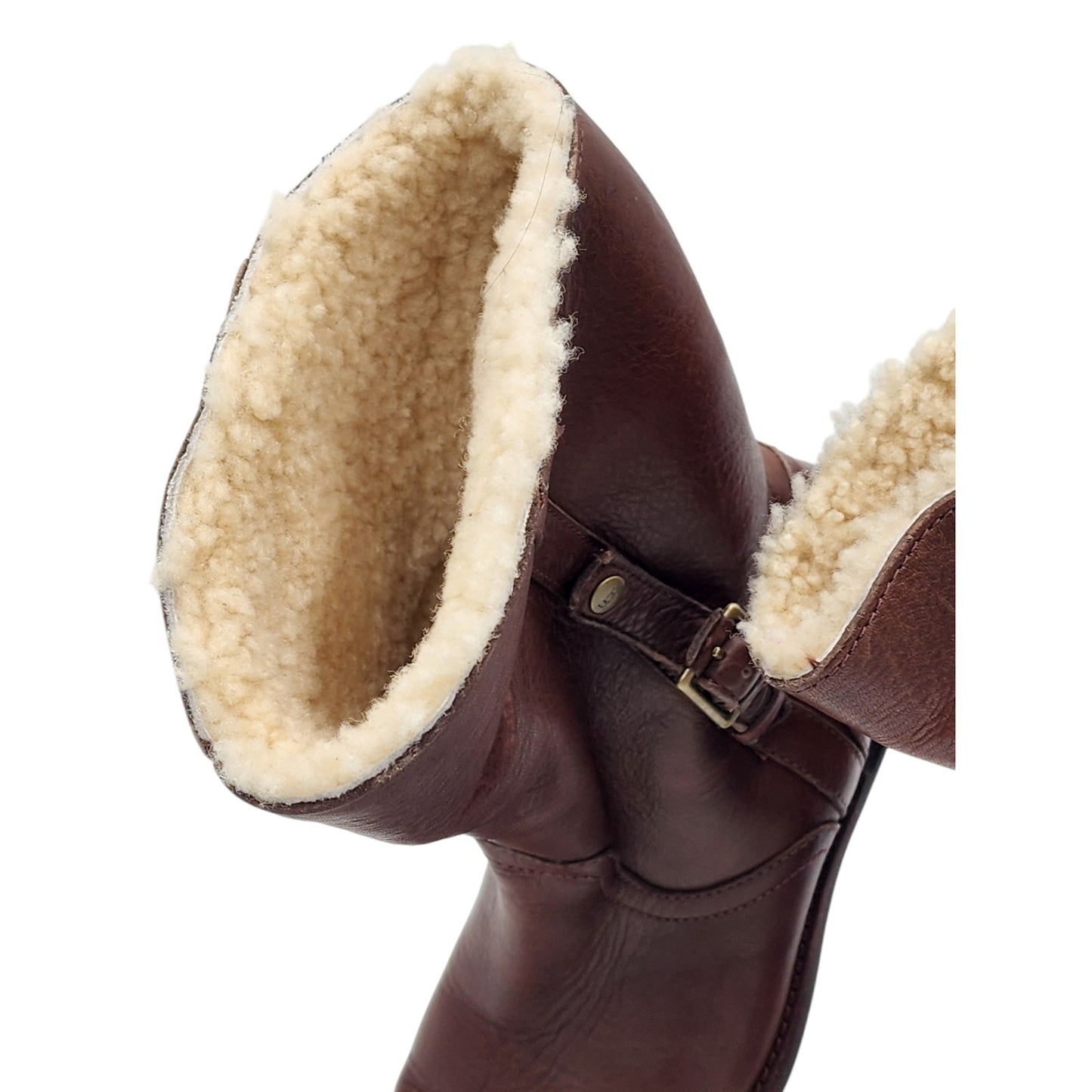 UGG Boots Women 8 Brown Leather Mid Shearling Line Side Zip Winter Bellevue 5745