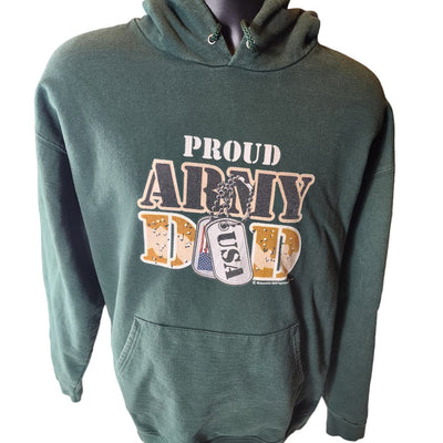 Proud Army Dad USA Mens XL Green Military Sweatshirt Patriotic Kangaroo Pocket