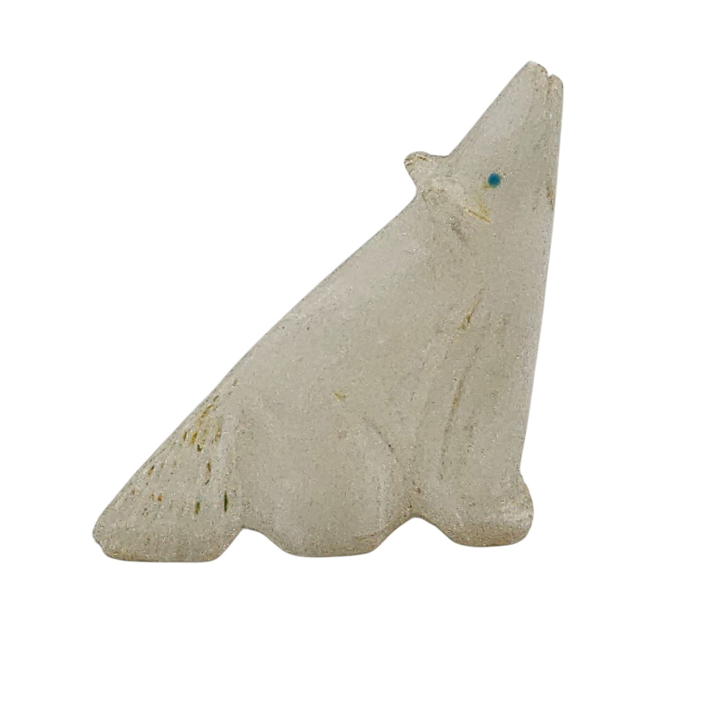 Native American Zuni Carved White Alabaster Howling Wolf Fetish Turquoise Signed