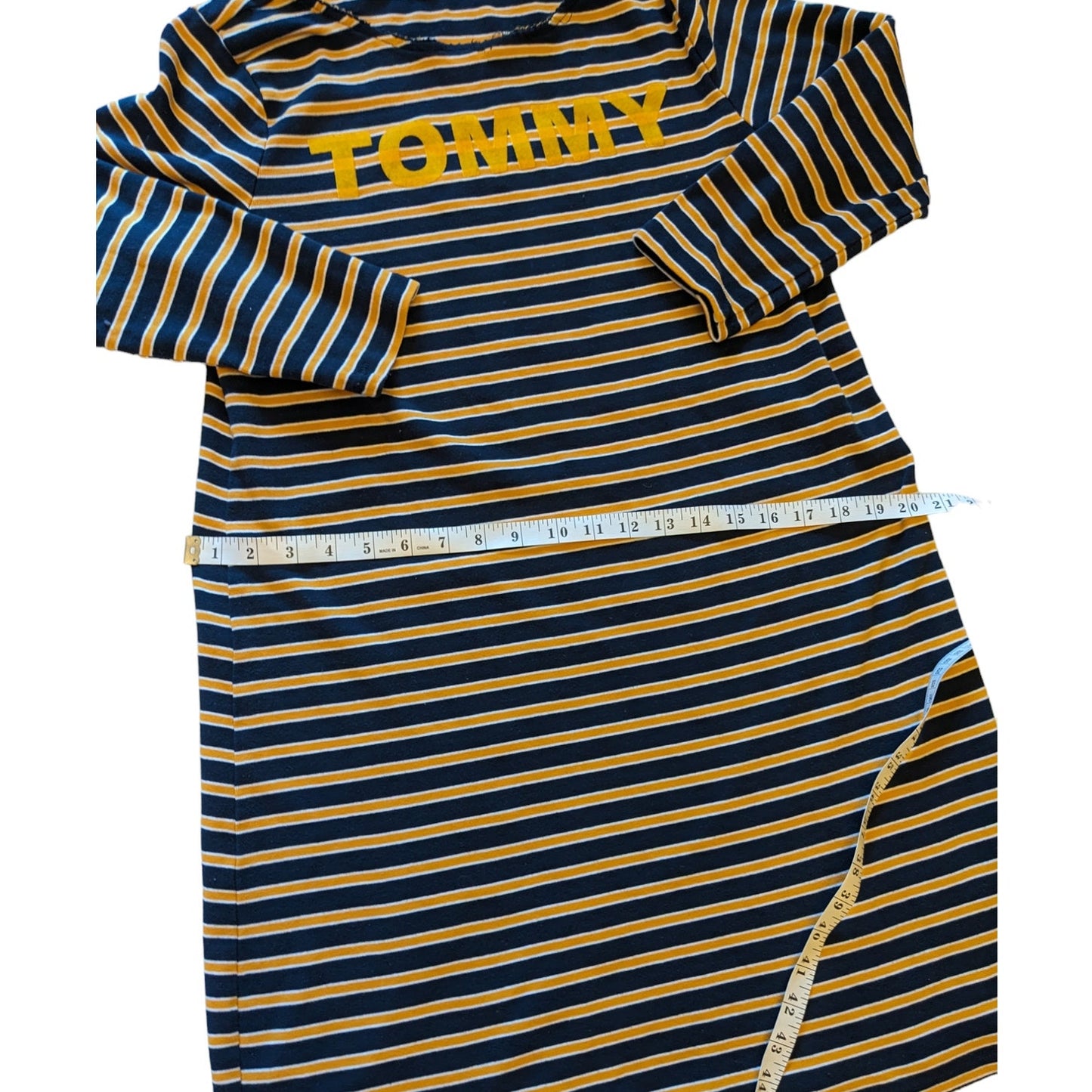 Tommy Hilfiger Denim T Shirt Dress Womens Large Striped Long Sleeve Navy Yellow