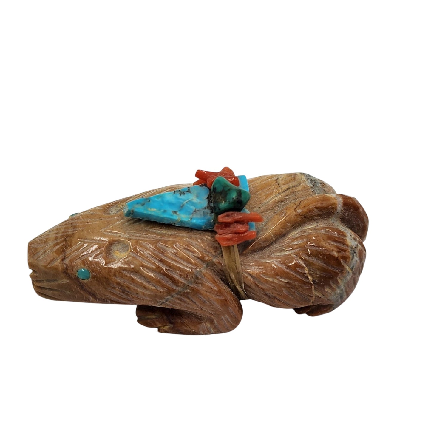 Native American Zuni Carved Beaver Fetish Offering Signed M.L. Turquoise Totem