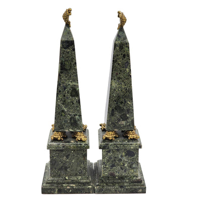 Large Maitland-Smith Obelisk Pair Brass Turtle Thinker Green Veined Marble Stone Sculpture 19"