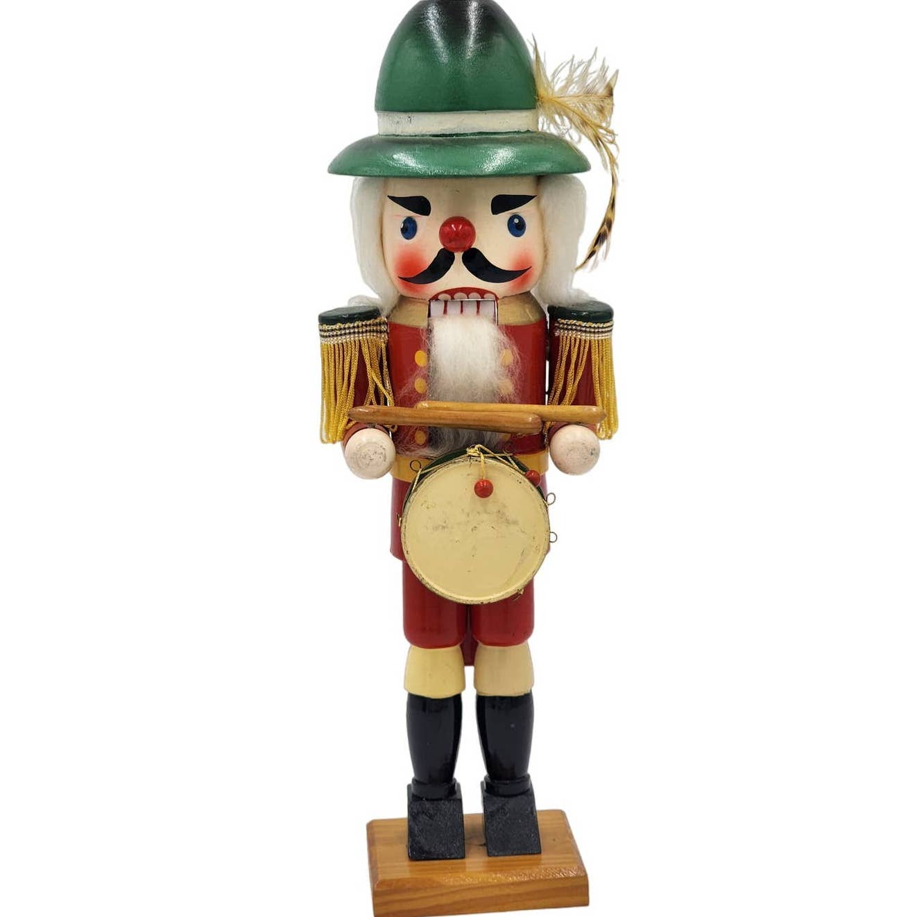 Nutcracker Drummer Vintage Christmas Collectible Decor Green Hat Feather 14"