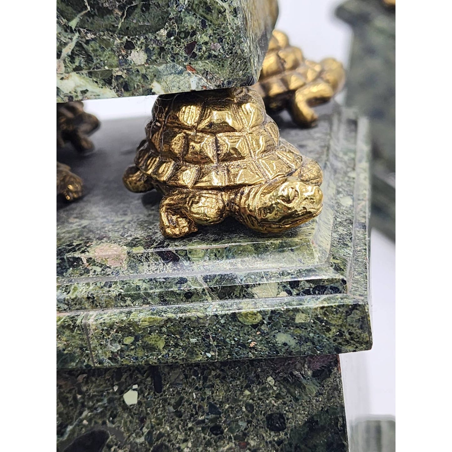 Large Maitland-Smith Obelisk Pair Brass Turtle Thinker Green Veined Marble Stone Sculpture 19"