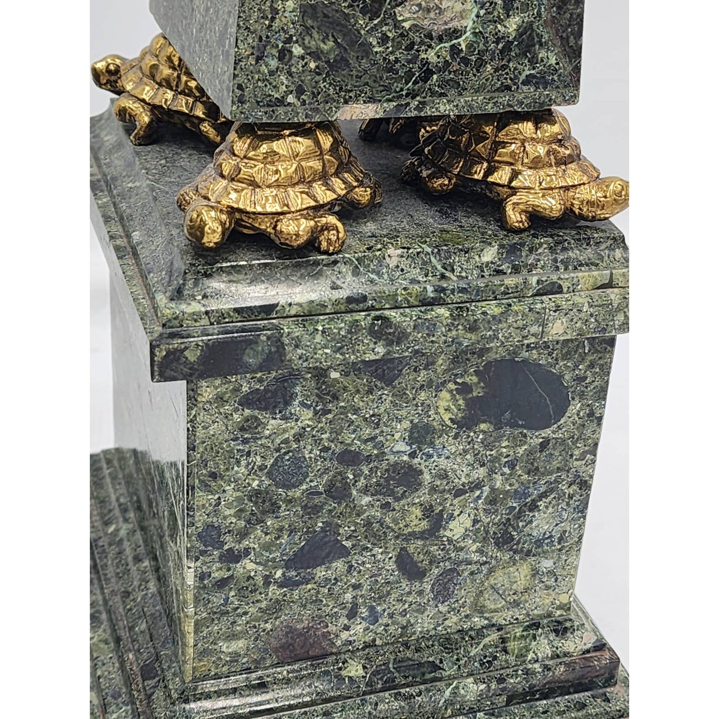 Large Maitland-Smith Obelisk Pair Brass Turtle Thinker Green Veined Marble Stone Sculpture 19"