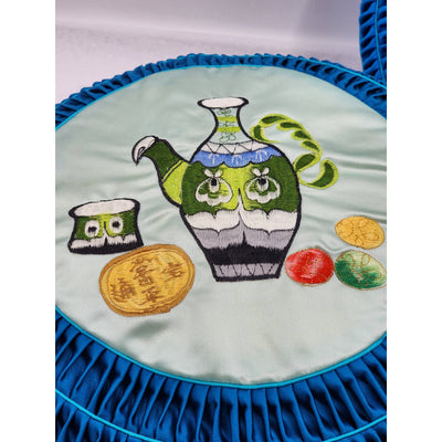 Asian Throw Pillows Pair Embroidered Blue Satin Round Decorative Tea Time