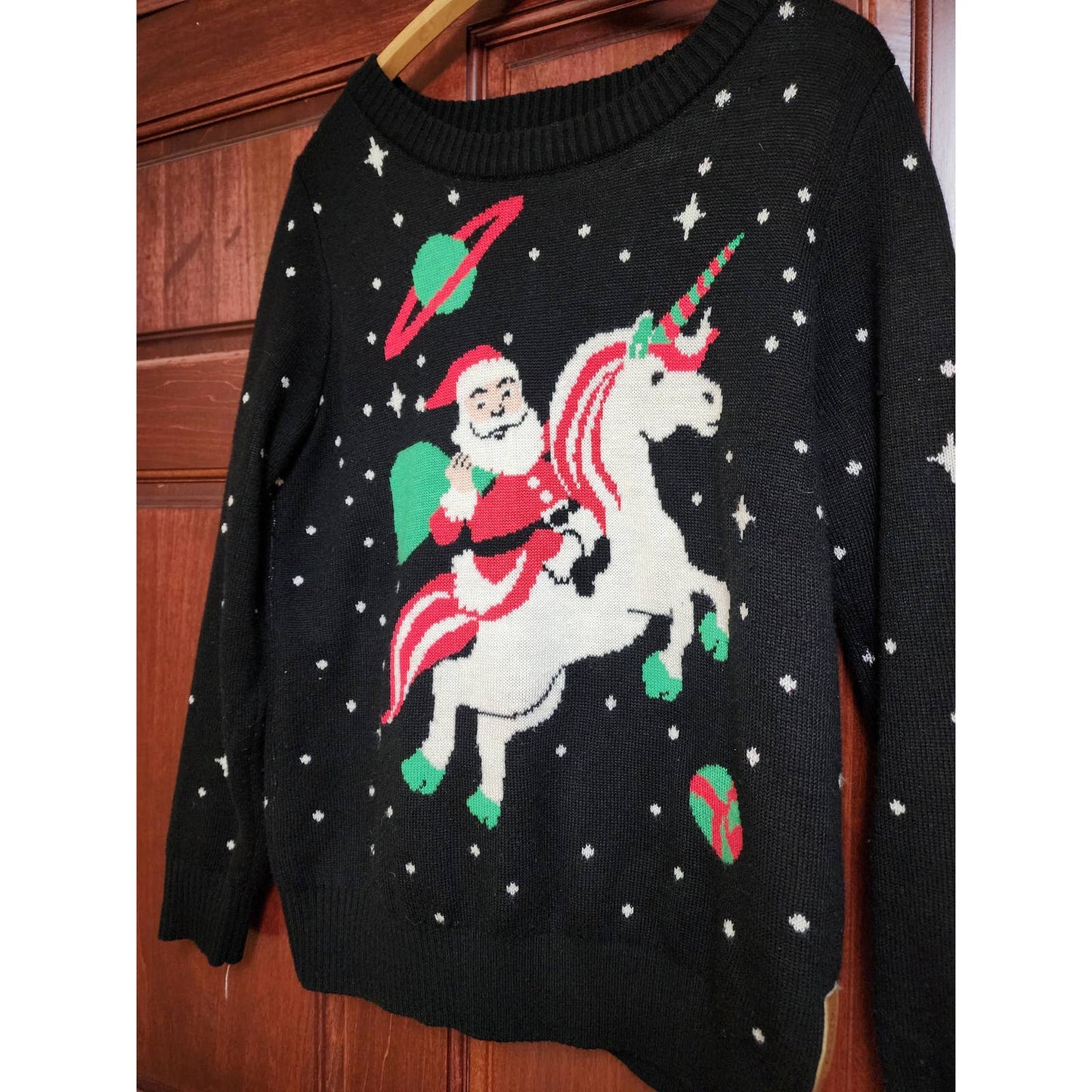 Tipsy Elves Ugly Christmas Sweater Large Santa Riding Unicorn Space Funny Humor