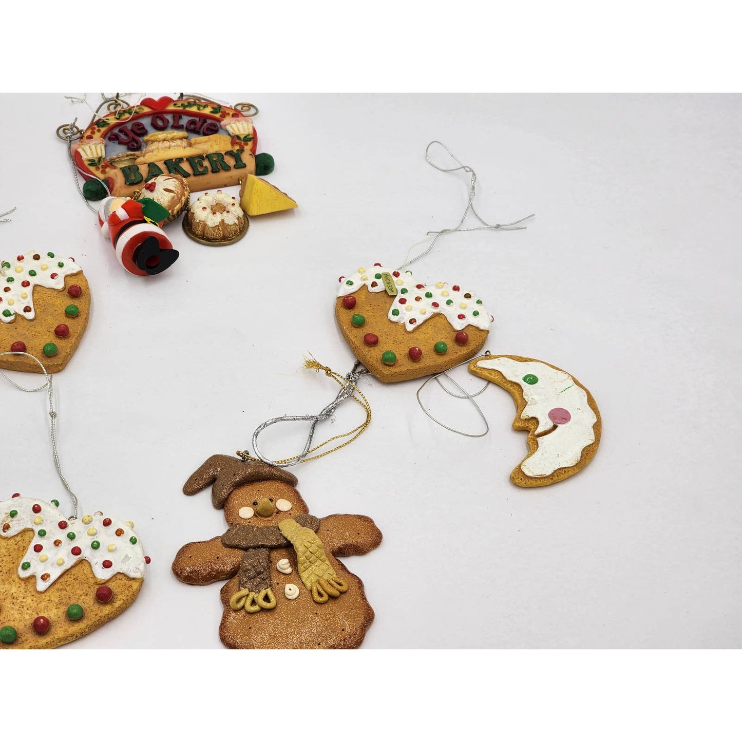 Christmas Tree Ornaments Lot Gingerbread Cookie Moon Snowman 8 pieces Vintage