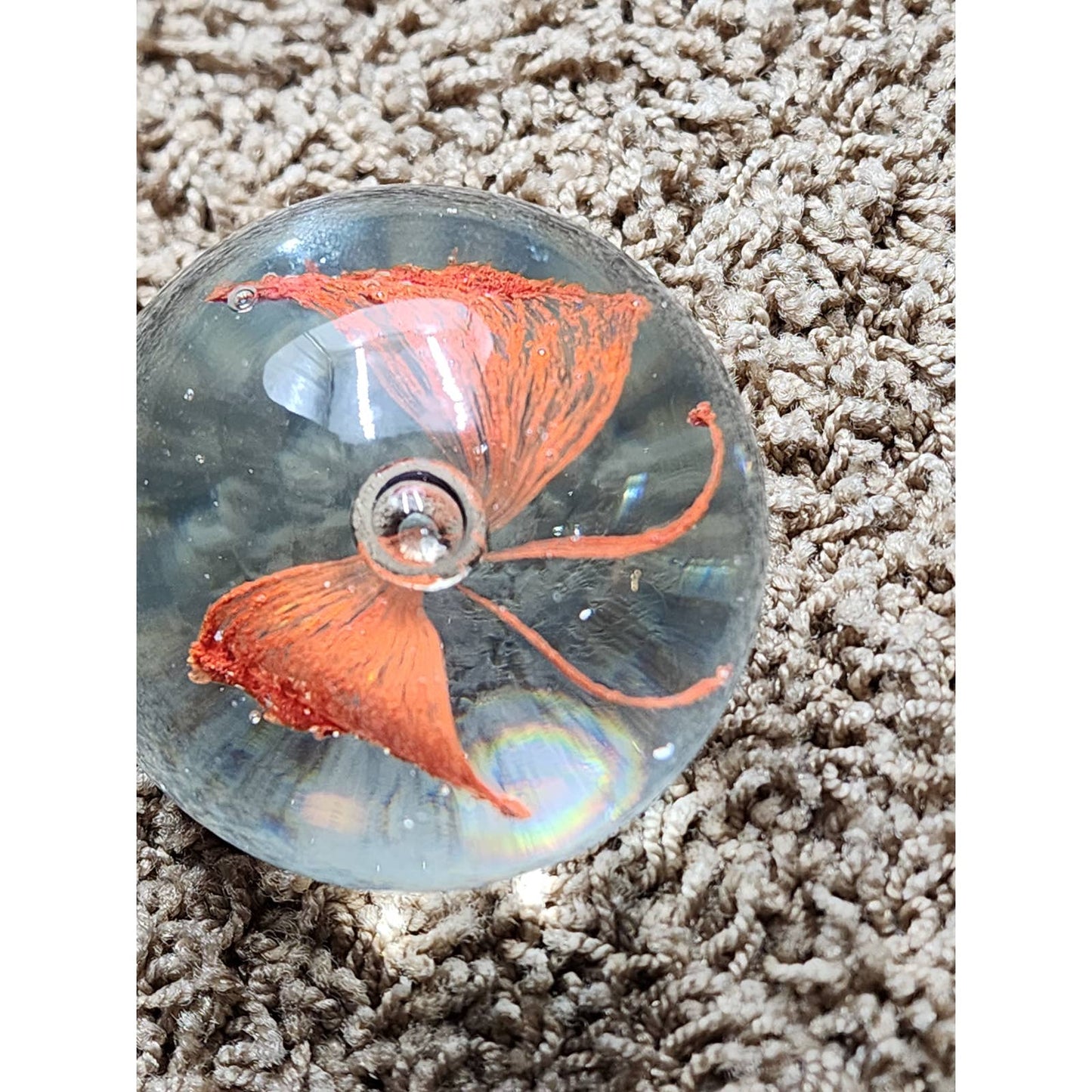 Paperweight Art Glass Orange Flower Butterfly Design Vintage Home Office Decor