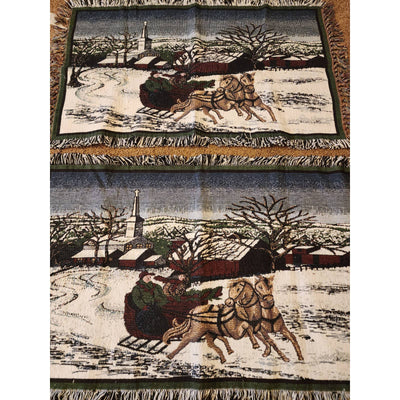 Tapestry New England Rug Pair Horse Drawn Carriage Holiday Christmas Throw 27x45