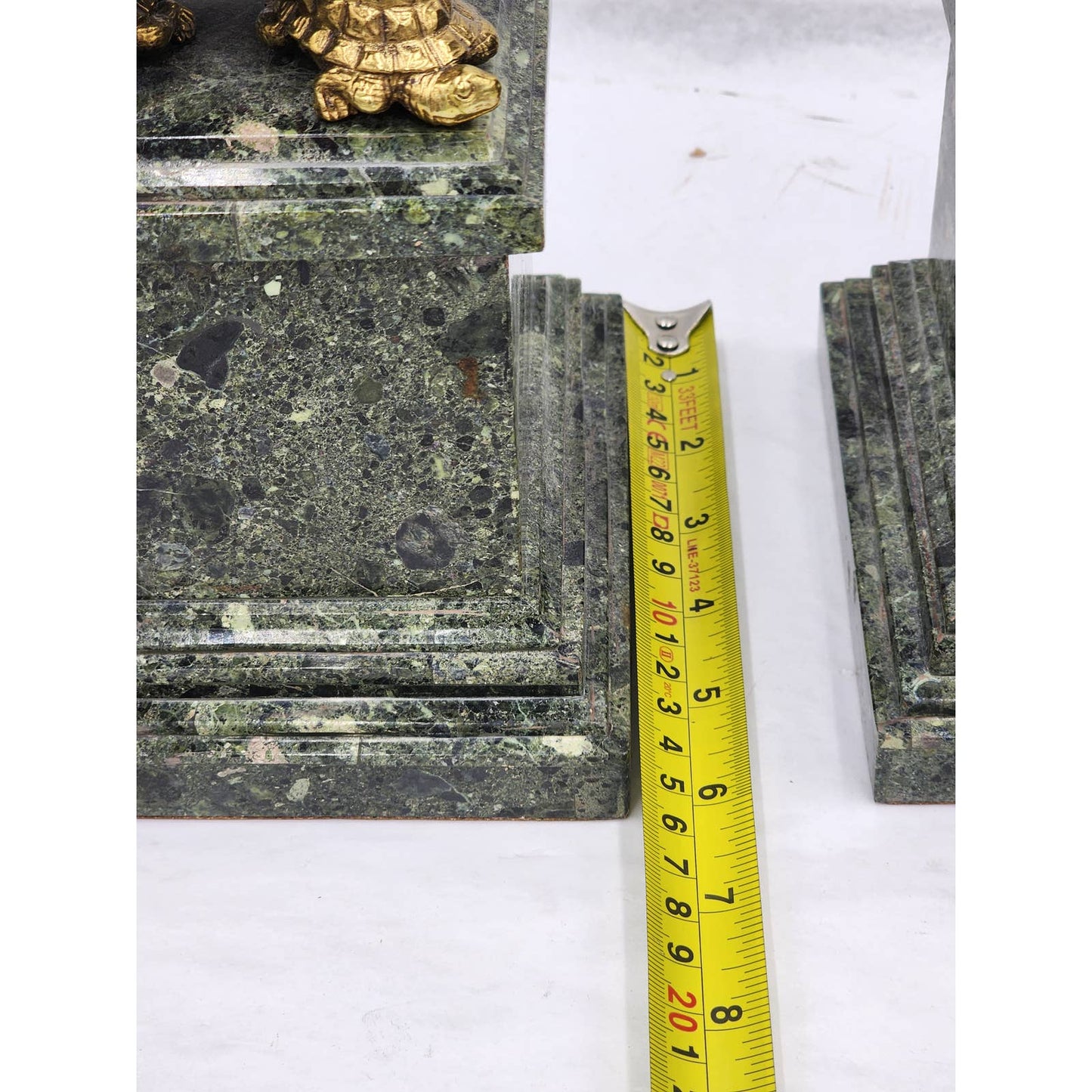 Large Maitland-Smith Obelisk Pair Brass Turtle Thinker Green Veined Marble Stone Sculpture 19"