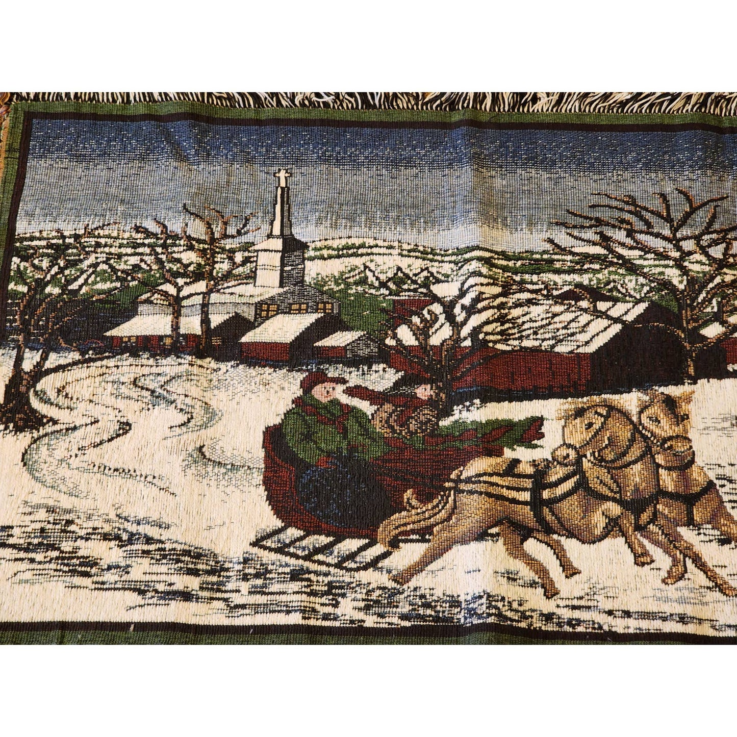 Tapestry New England Rug Pair Horse Drawn Carriage Holiday Christmas Throw 27x45