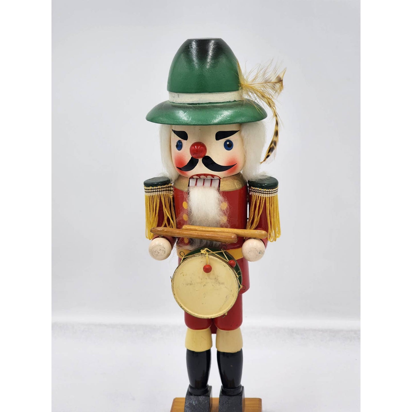 Nutcracker Drummer Vintage Christmas Collectible Decor Green Hat Feather 14"