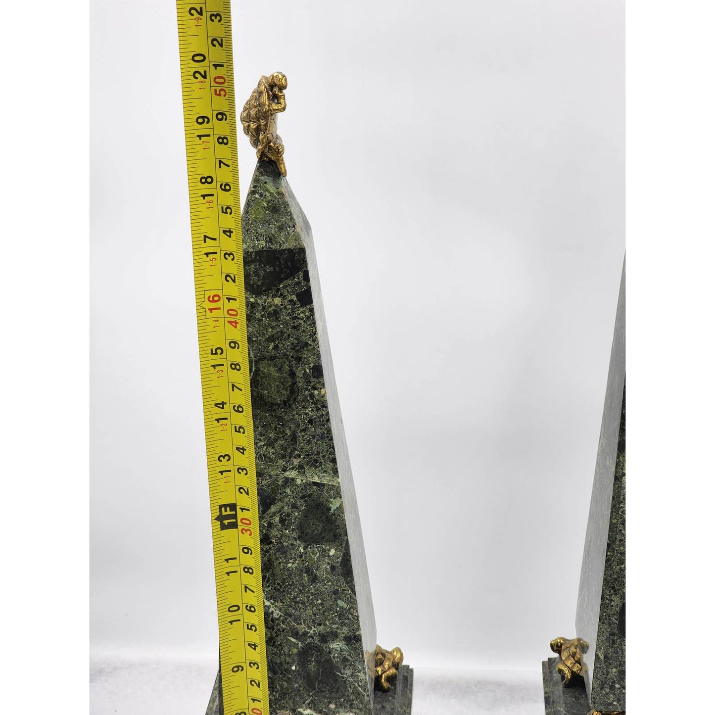 Large Maitland-Smith Obelisk Pair Brass Turtle Thinker Green Veined Marble Stone Sculpture 19"