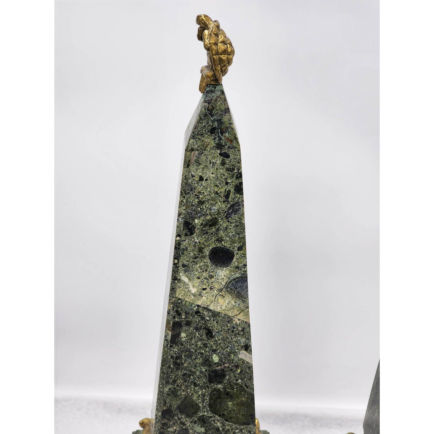 Large Maitland-Smith Obelisk Pair Brass Turtle Thinker Green Veined Marble Stone Sculpture 19"