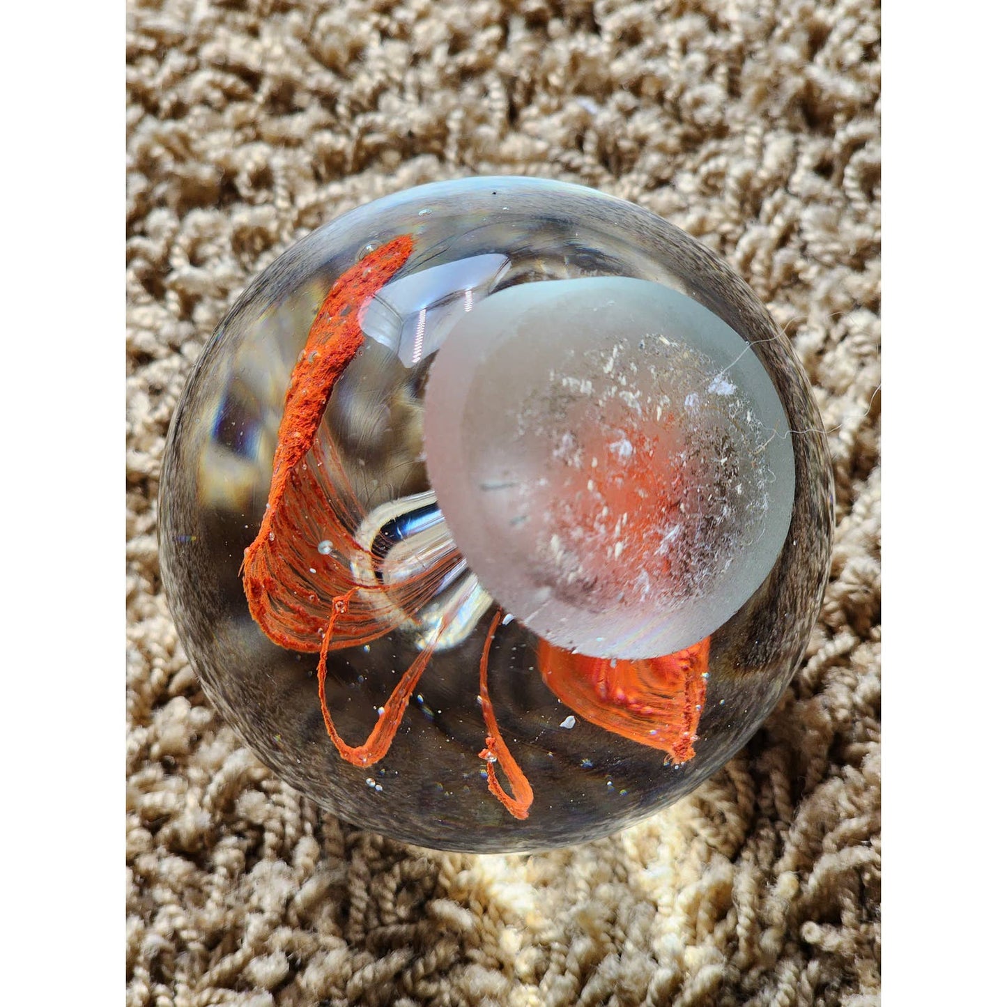 Paperweight Art Glass Orange Flower Butterfly Design Vintage Home Office Decor