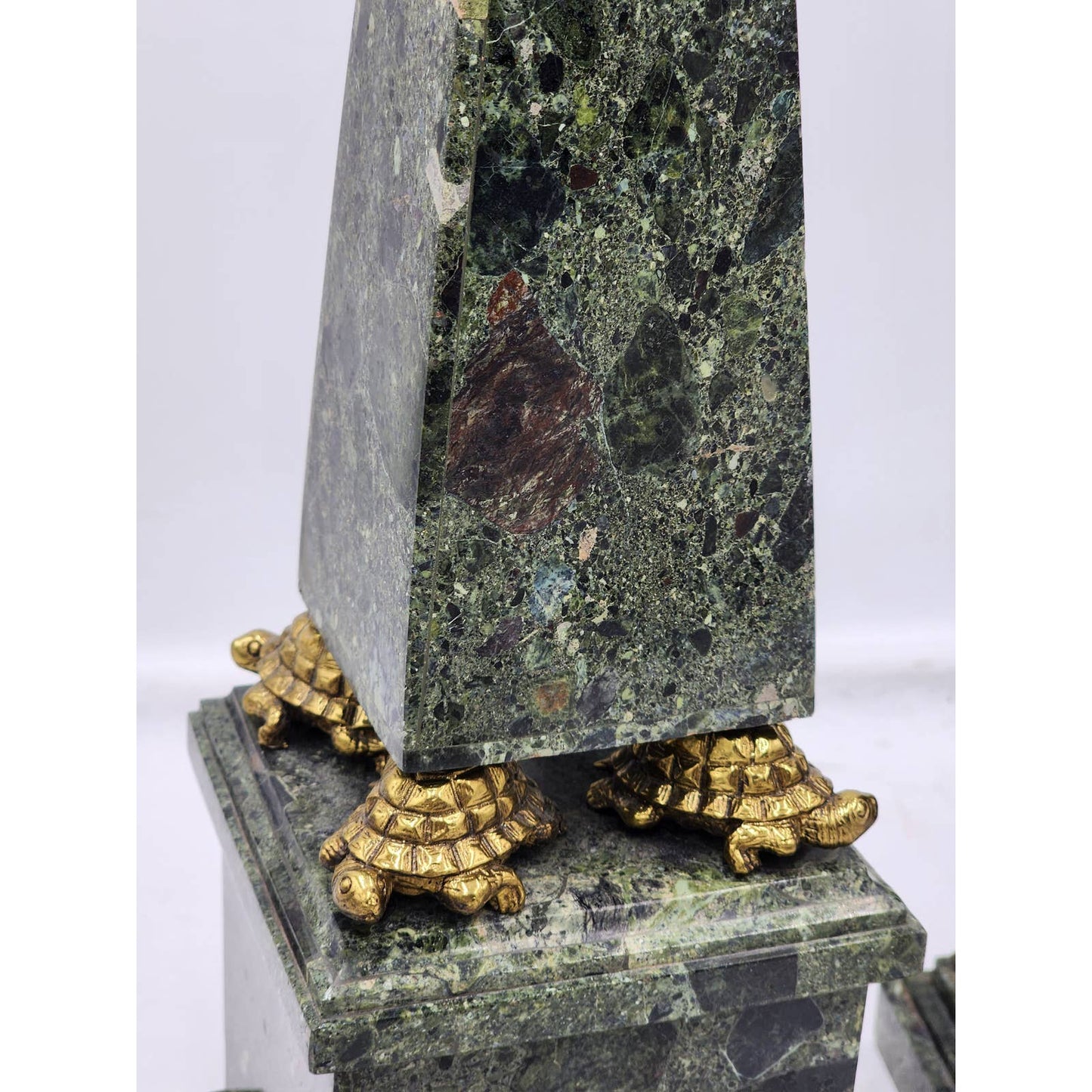 Large Maitland-Smith Obelisk Pair Brass Turtle Thinker Green Veined Marble Stone Sculpture 19"