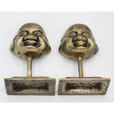 Laughing Buddha Pair Statue Figurines Brass Asian On Miniature Stand 3.5"