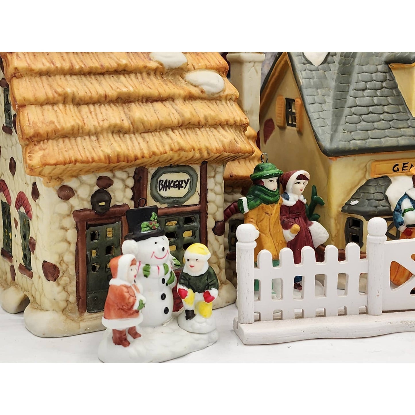 Vintage Christmas Village 12PC Building Church Bakery General Store People W/Box