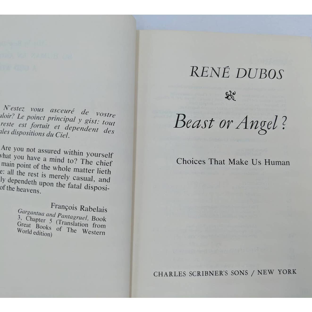 Beast Or Angel? Choices That Make Us Human By Rene Dubos Humanity Vintage 1974