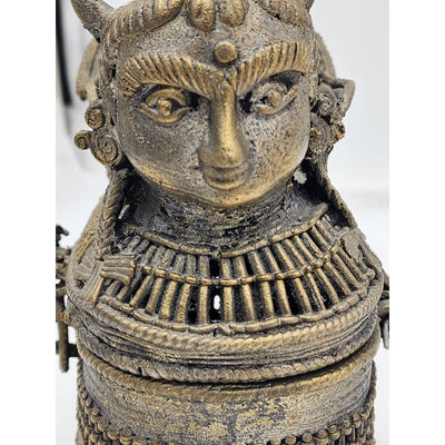Old Jewelry Box Bronze India Art Hinged Footed Storage Trinket Hindu Kamdhenu