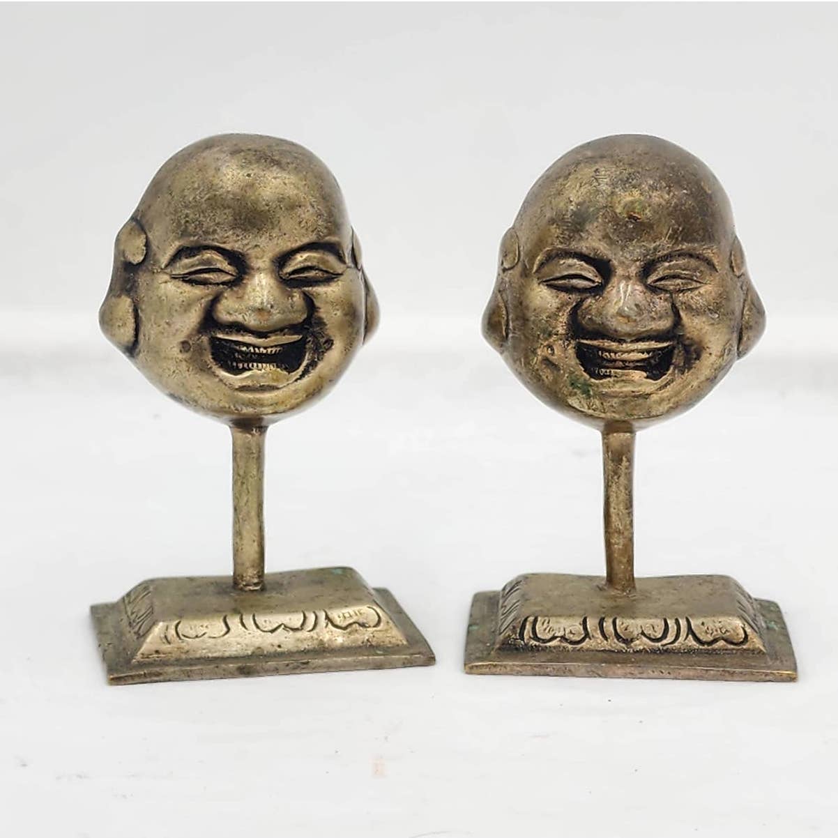 Laughing Buddha Pair Statue Figurines Brass Asian On Miniature Stand 3.5"