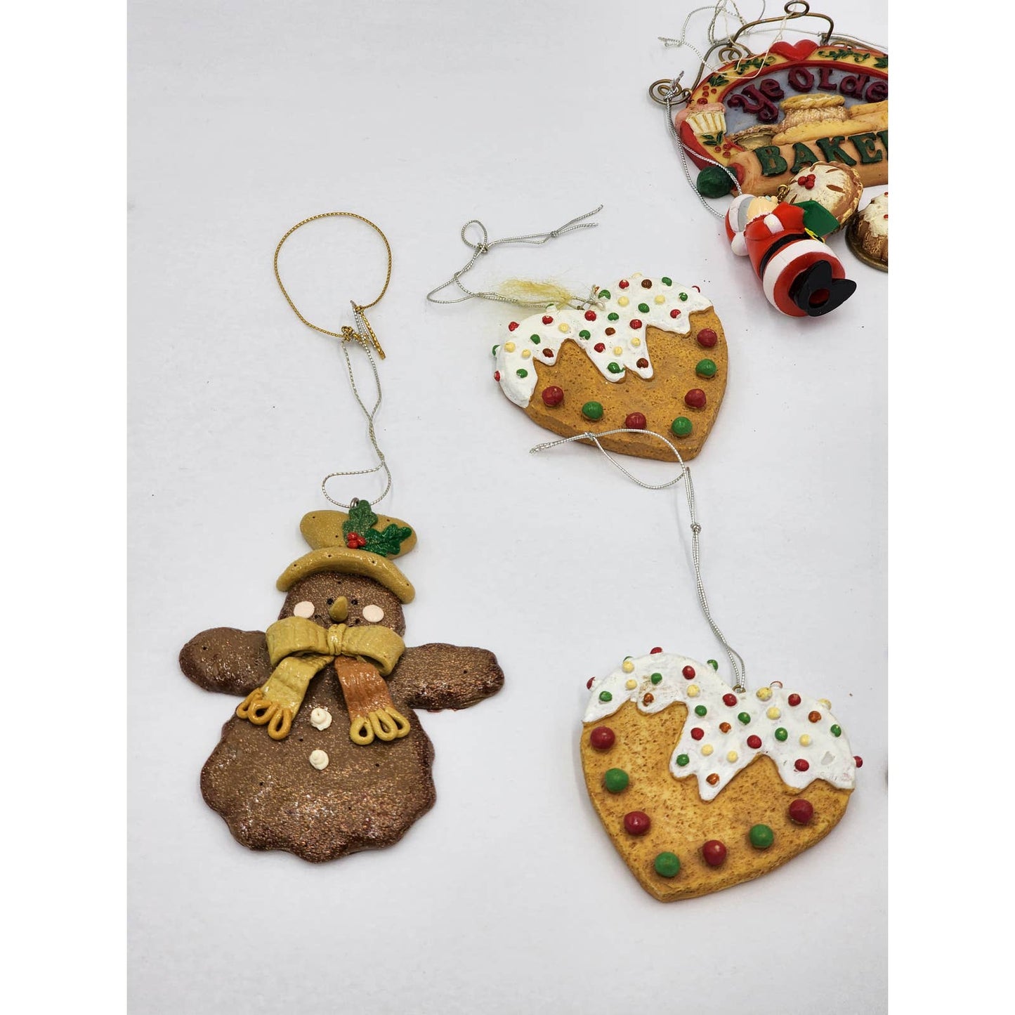 Christmas Tree Ornaments Lot Gingerbread Cookie Moon Snowman 8 pieces Vintage