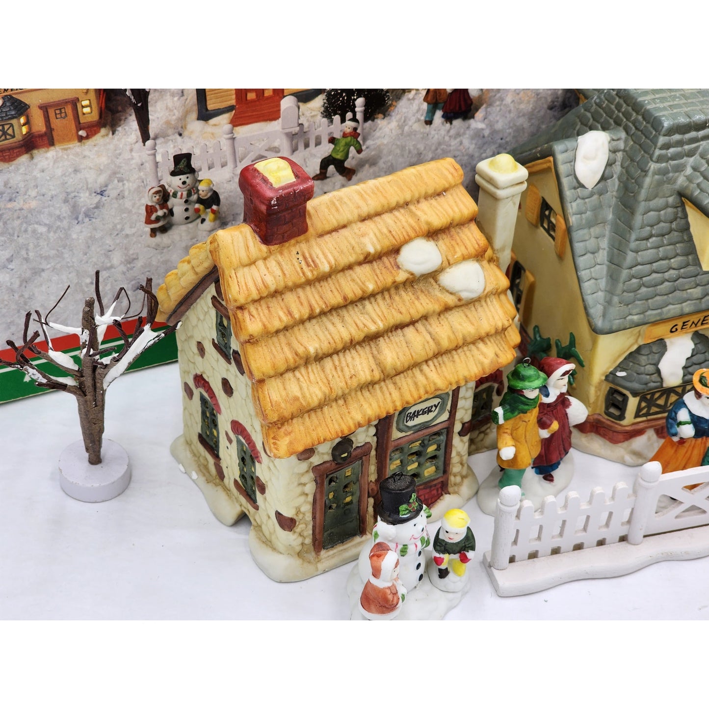 Vintage Christmas Village 12PC Building Church Bakery General Store People W/Box