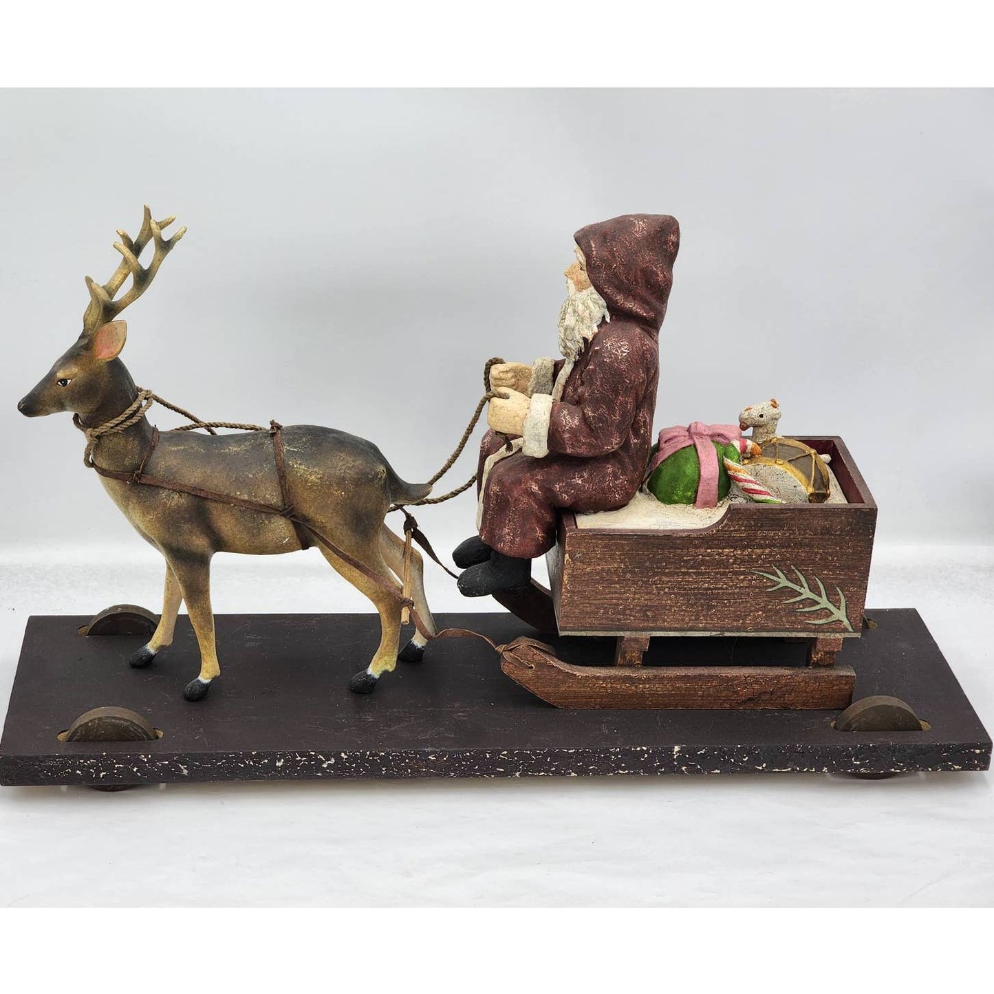 Large Santa Sleigh Reindeer Wheeled Platform Christmas Holiday Winter Decor 21"