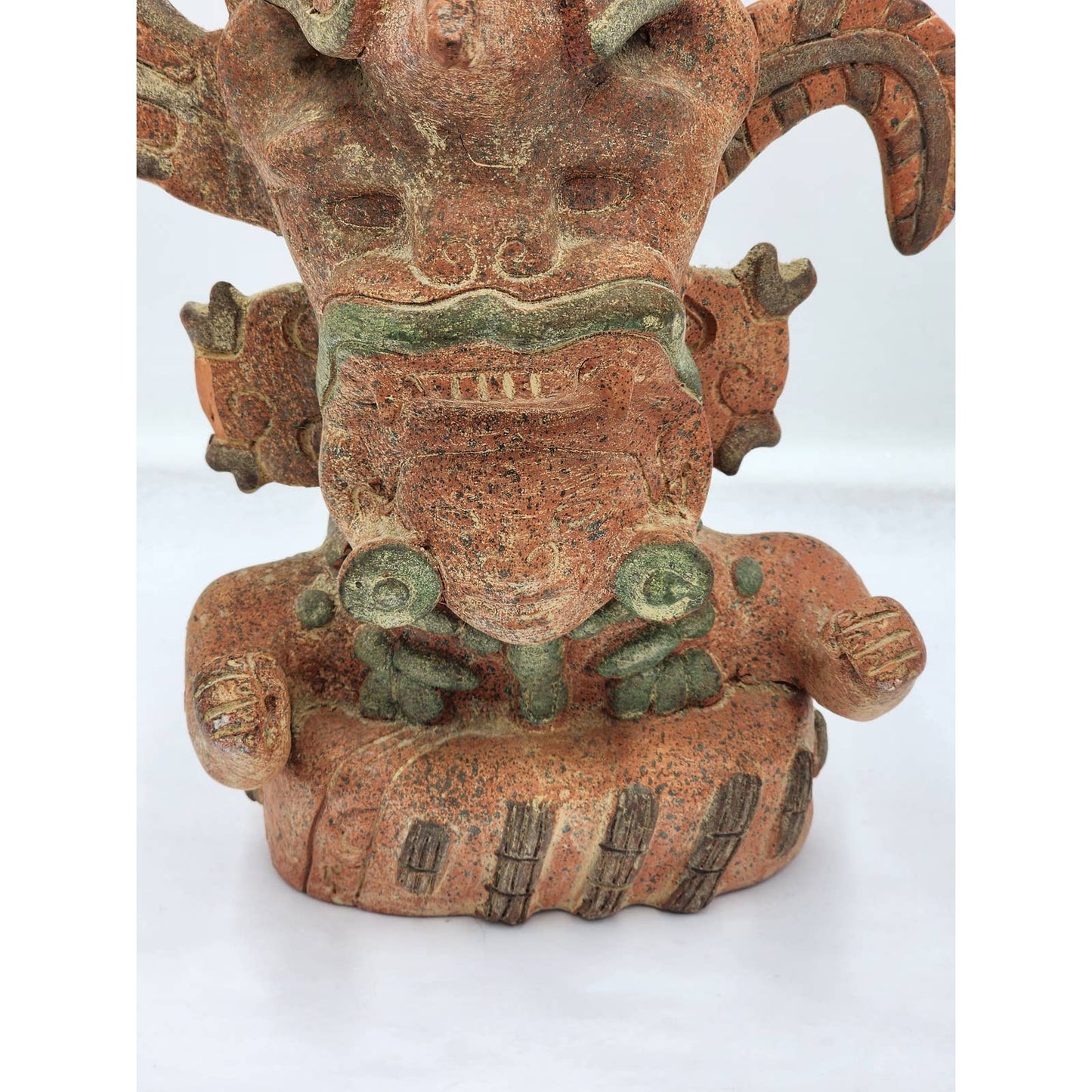 Mexican Folk Art Zapotec Pitao Cozobi Aztec Style Statue Warrior Headdress 11"