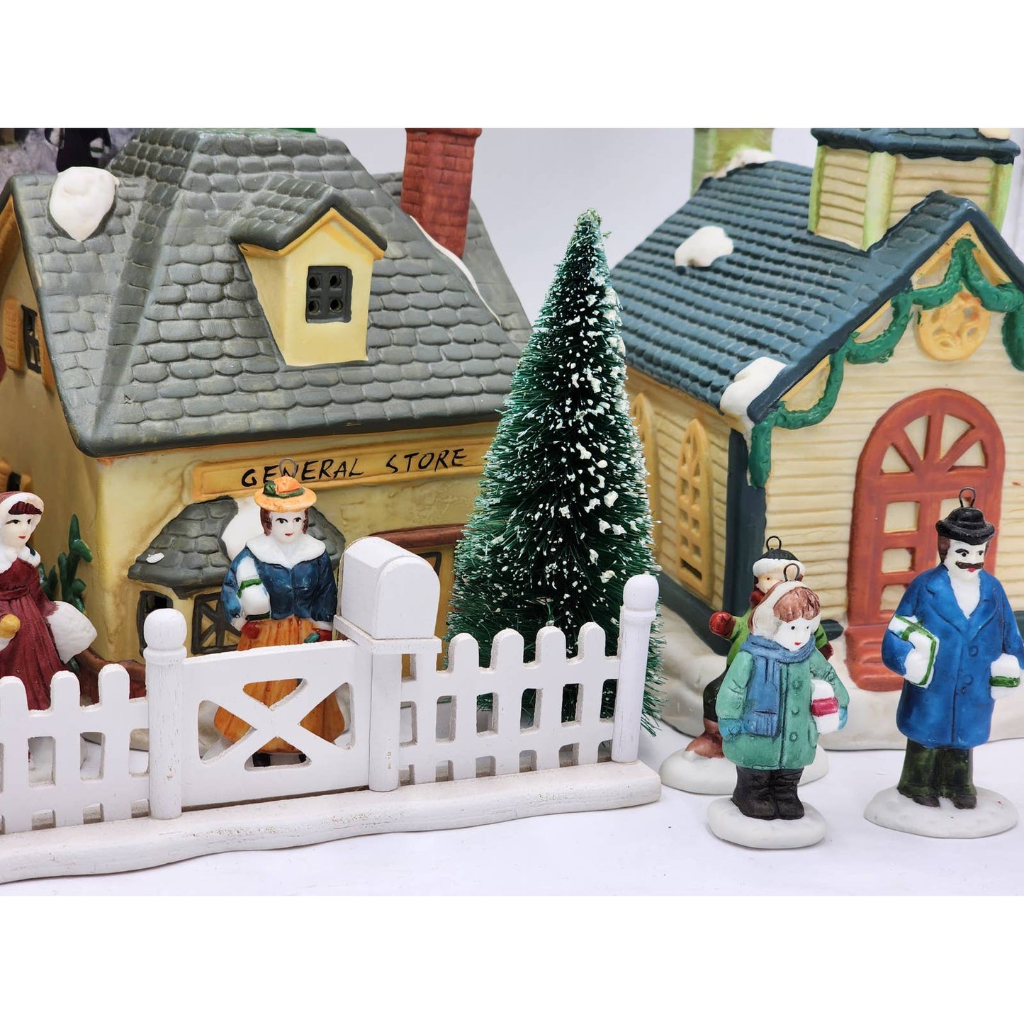 Vintage Christmas Village 12PC Building Church Bakery General Store People W/Box