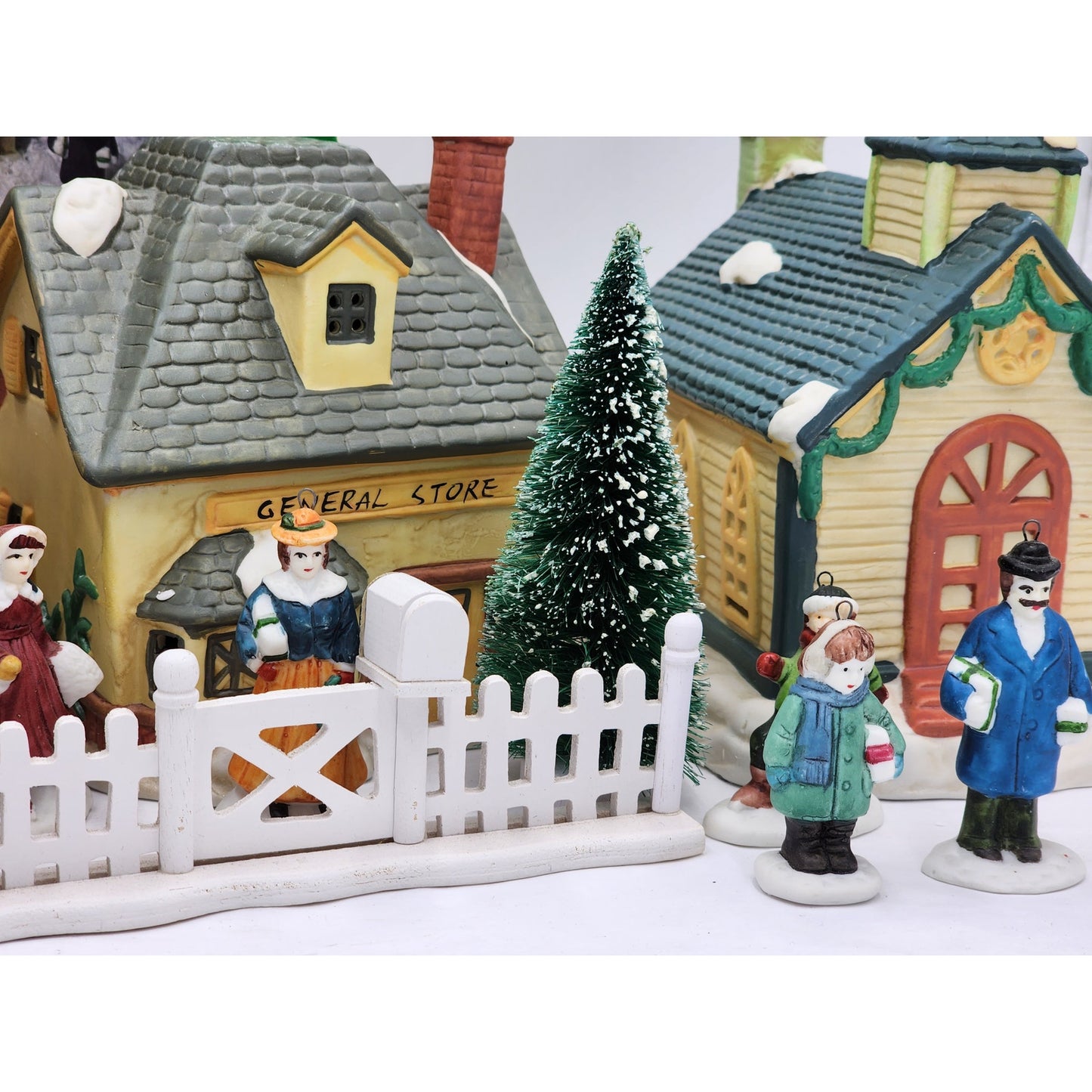 Vintage Christmas Village 12PC Building Church Bakery General Store People W/Box