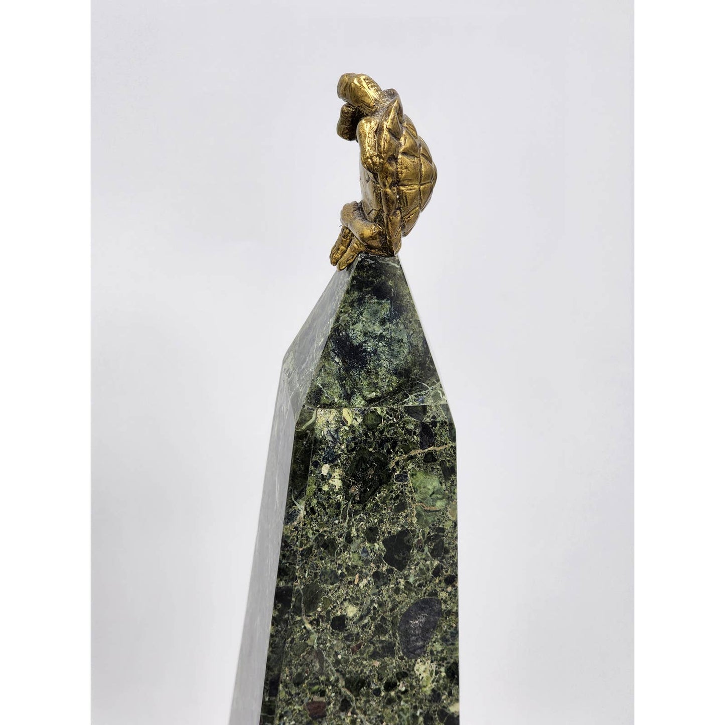 Large Maitland-Smith Obelisk Pair Brass Turtle Thinker Green Veined Marble Stone Sculpture 19"