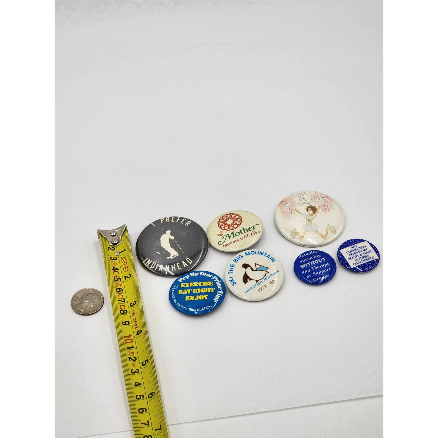 Vintage Buttons Lot 7 Praise Lord IndianHead Therapy Big Mountain Pins Pinback