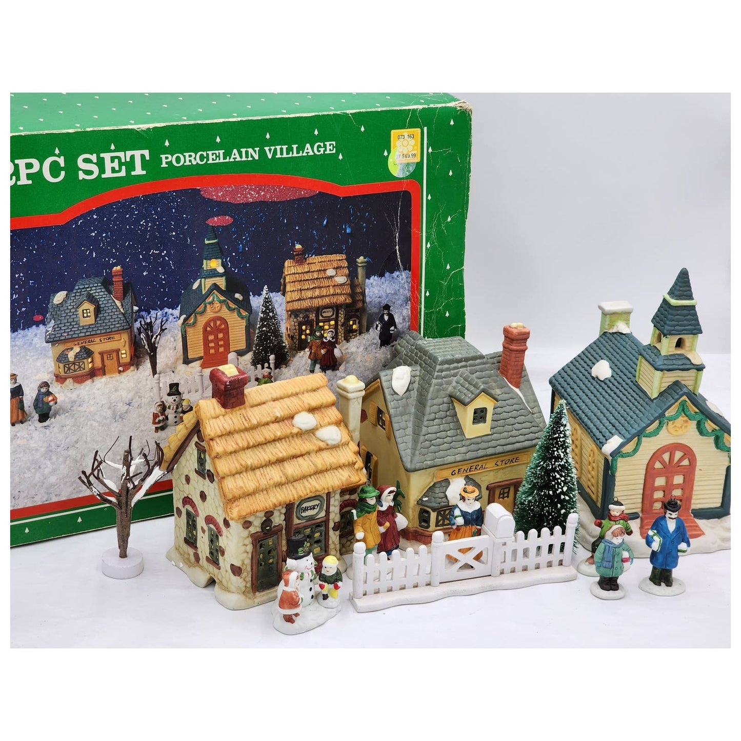 Vintage Christmas Village 12PC Building Church Bakery General Store People W/Box