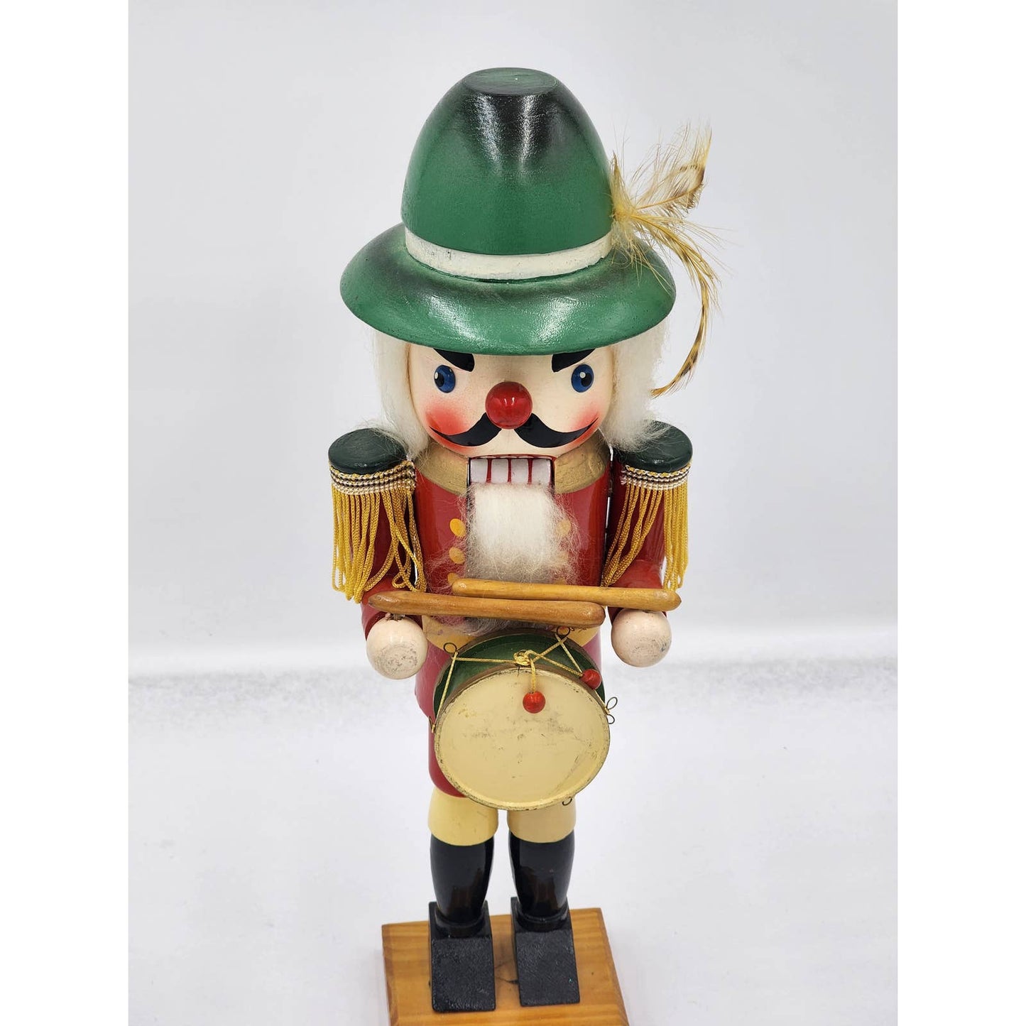 Nutcracker Drummer Vintage Christmas Collectible Decor Green Hat Feather 14"