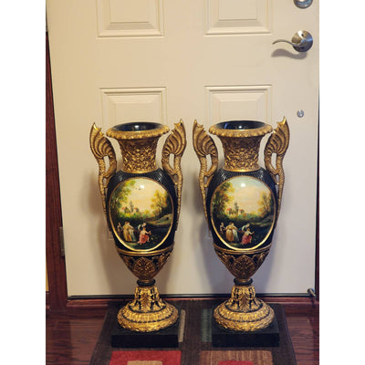 Large Victorian Vase Pair Marble Base Elegant Gold Home Decor 50 Lbs Pc 28" Tall