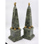 Large Maitland-Smith Obelisk Pair Brass Turtle Thinker Green Veined Marble Stone Sculpture 19"