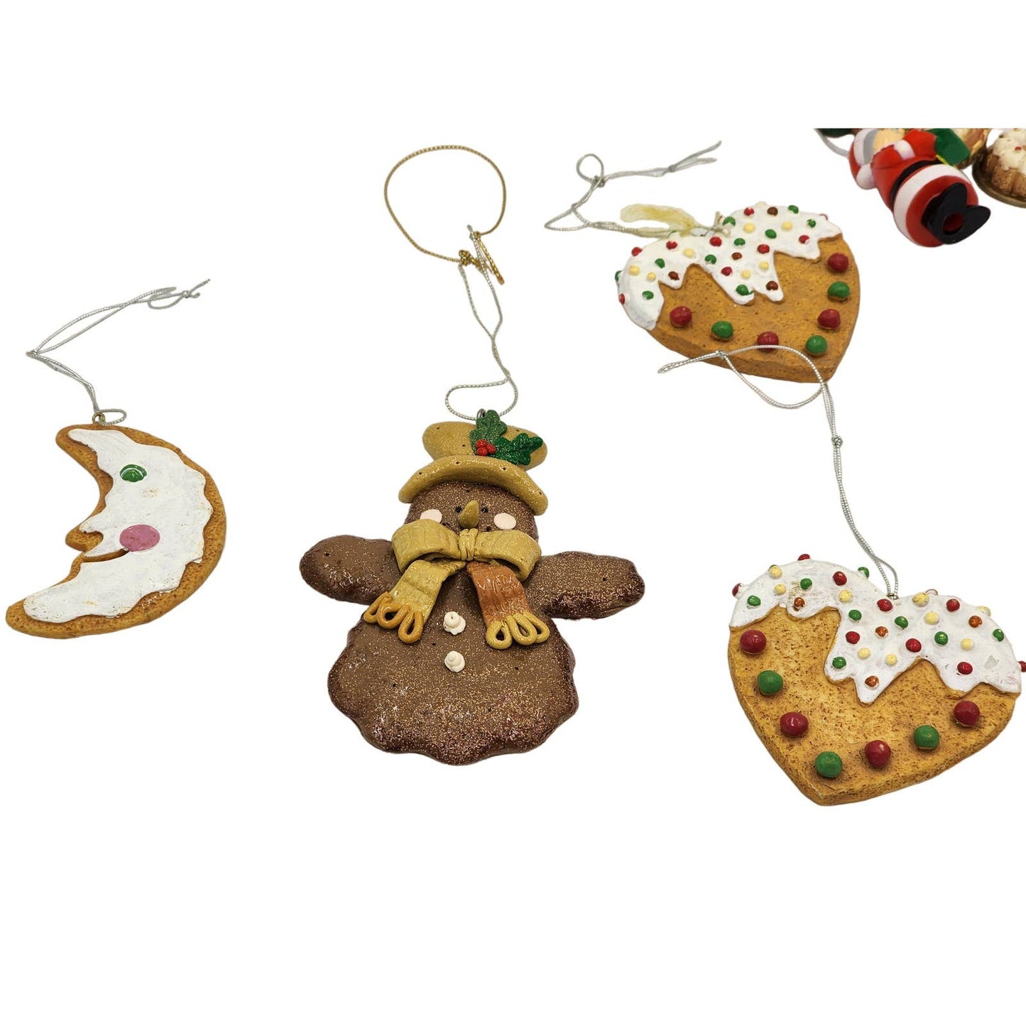 Christmas Tree Ornaments Lot Gingerbread Cookie Moon Snowman 8 pieces Vintage