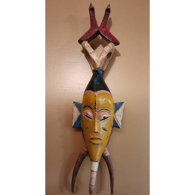 African Mask Guro Large Colorful Hanging Art Gouro Ritual Tribal Bearded 27"