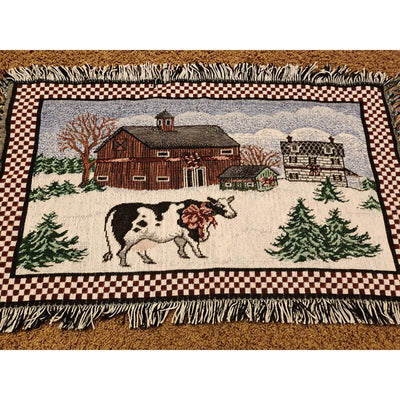 Vintage Tapestry Rug Country Christmas Cow Barn Rustic Farmhouse Table 20x36
