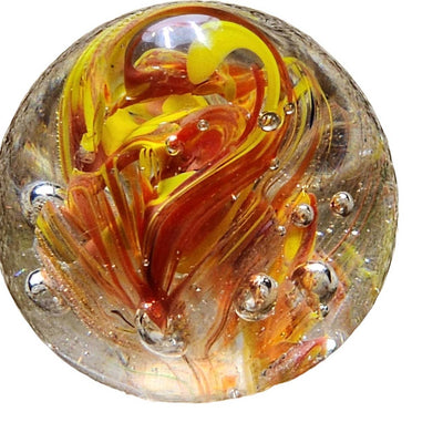 Paperweight Art Glass Orange Yellow Floral Vintage Collectible Home Office Decor