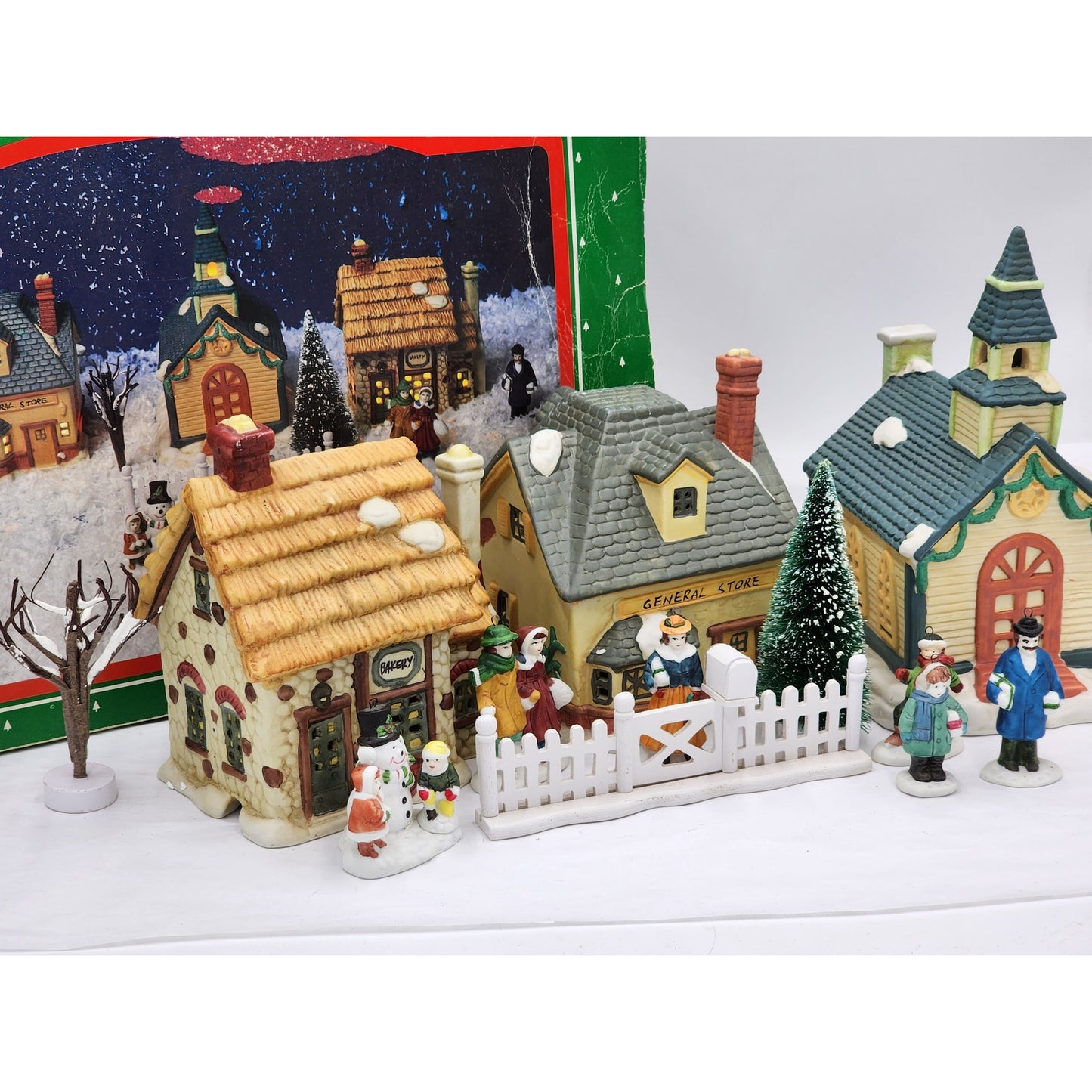 Vintage Christmas Village 12PC Building Church Bakery General Store People W/Box