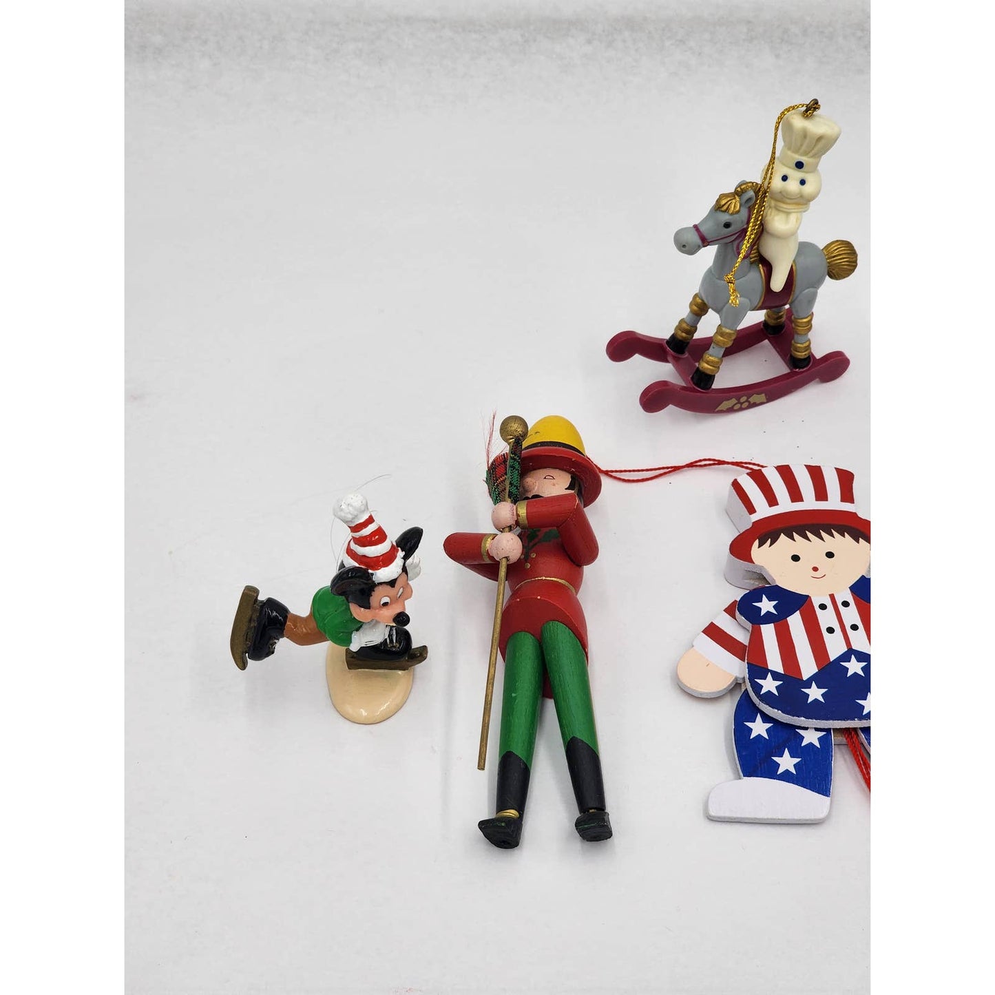 Christmas Tree Ornaments Lot 7 Mickey Teddy Clown Doughboy Rocking Horse Vintage