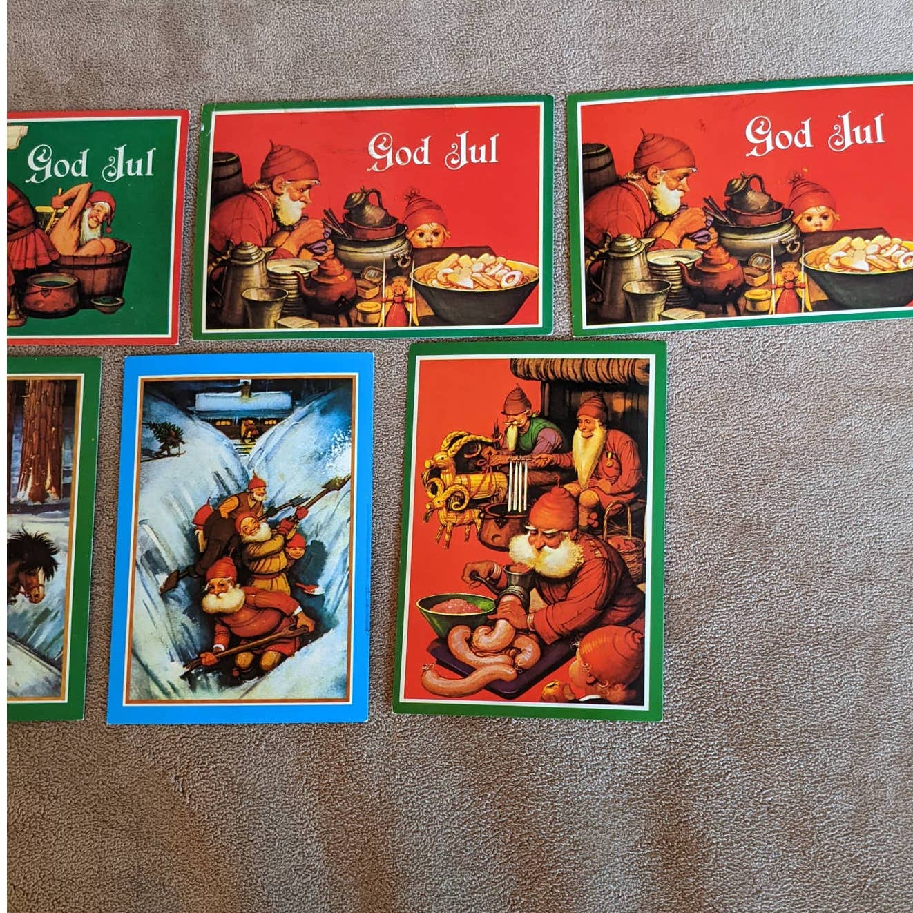 Vintage Gerhards "God Jul" Lot 6 Postcards Christmas Elves Shoveling, Toymaking