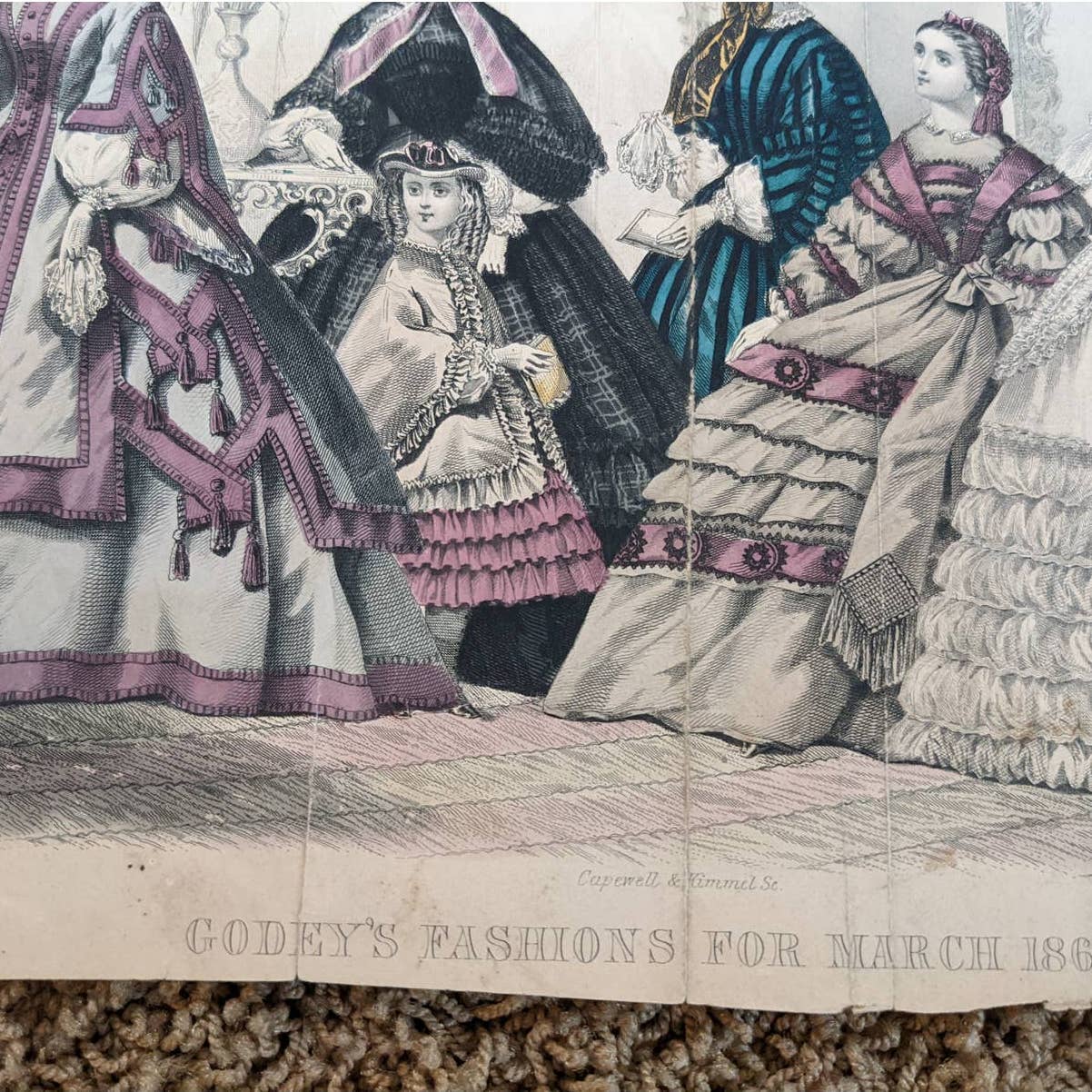 Antique Godey's Victorian Rare Hand Colored Fashion Book Plate Print March 1861