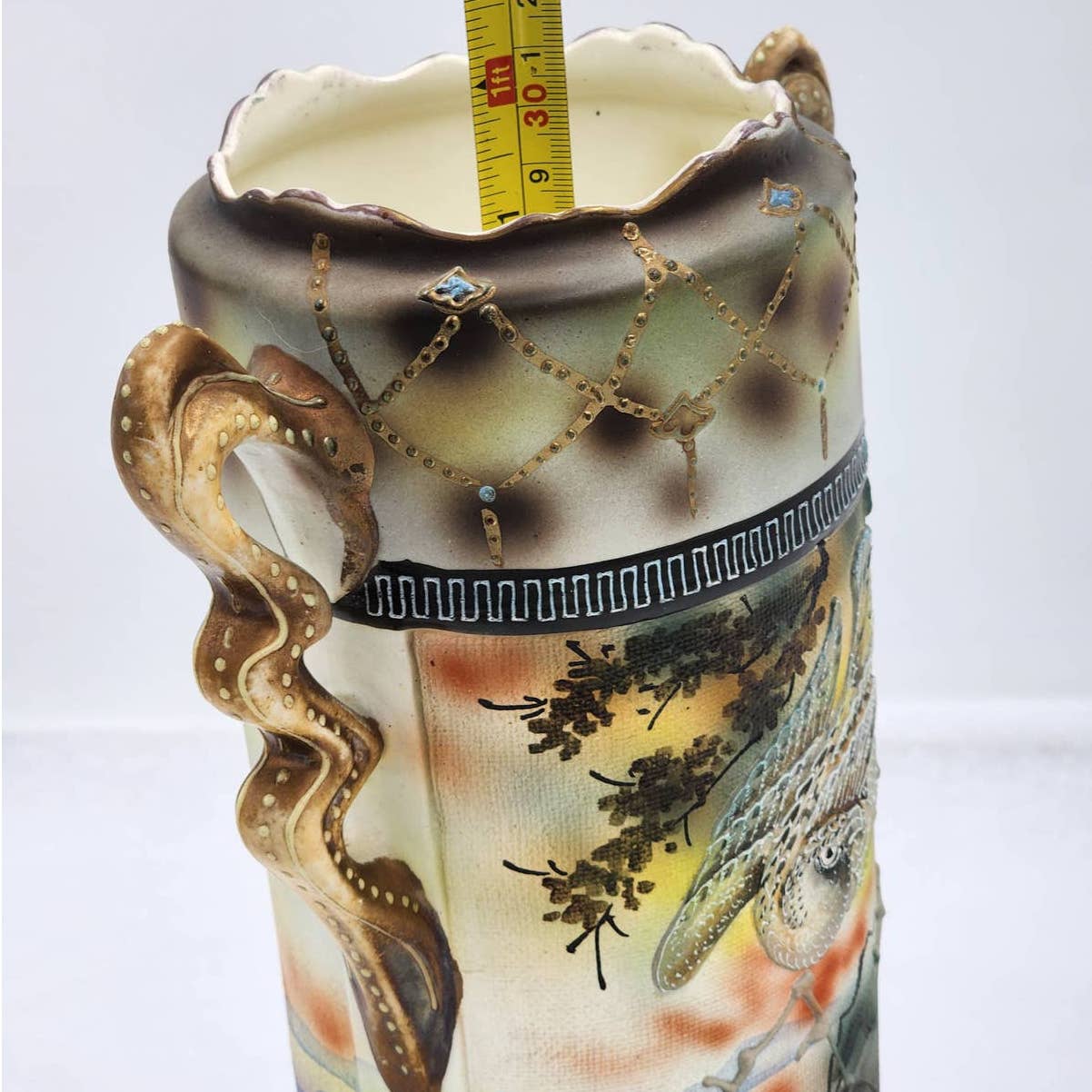 Antique Royal Nishiki Nippon Tapestry Moriage Bead Hawk Bird Vase Gold Gilding