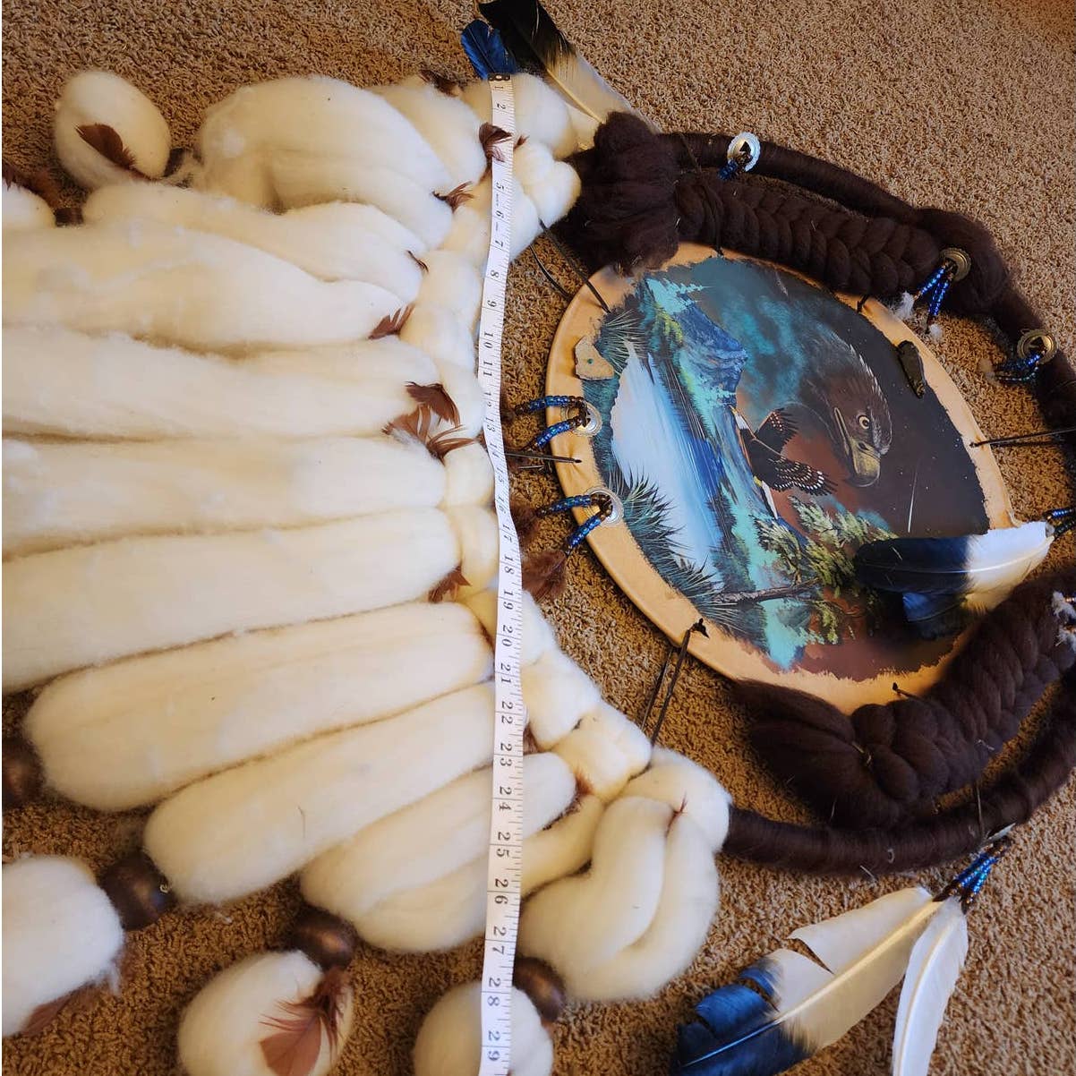 Large Native American Style Dream Catcher 47" Signed Feathers Wool Beaded Eagle