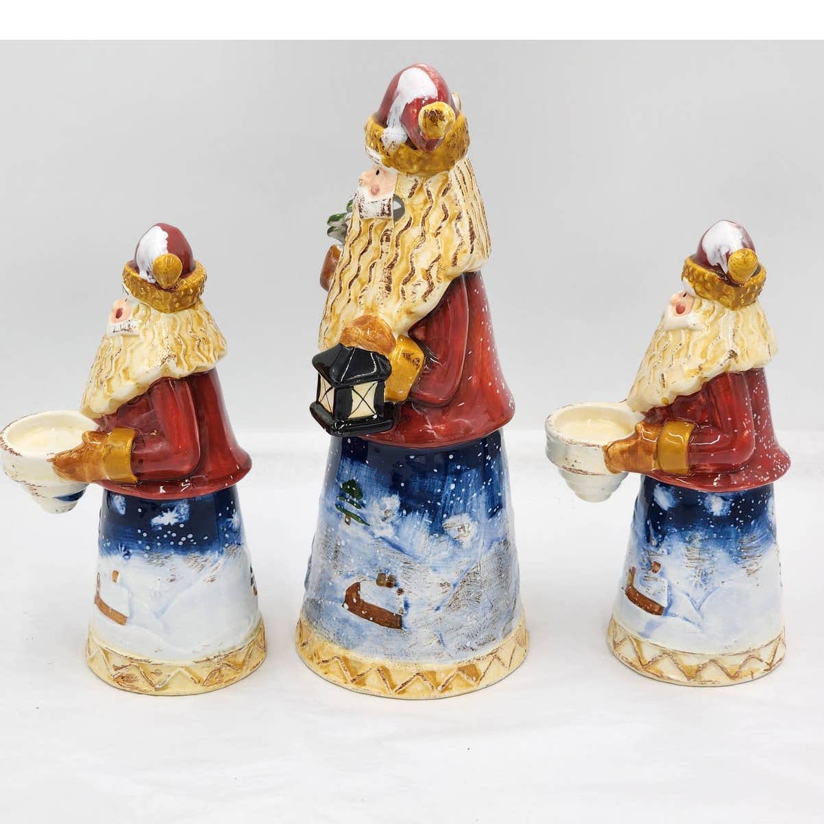 Santa Candle Holder Set Vintage Christmas Figurines Santa Holding Lantern Tree